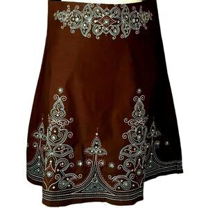 Heart Soul Skirt Womens Size 5 Boho Embroidery Brown Blue India Boho Work Office